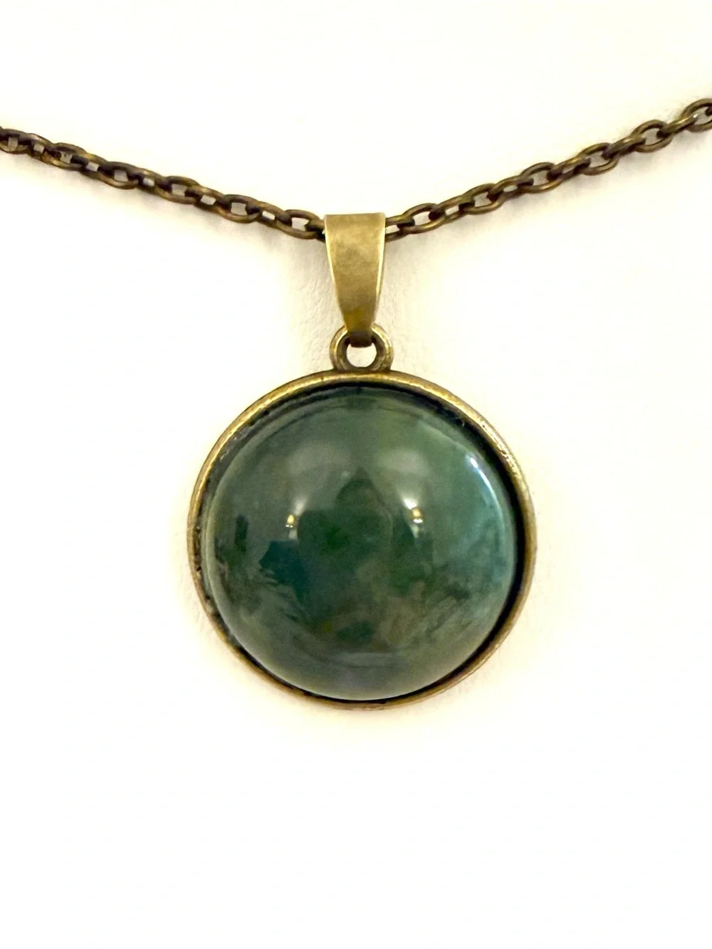 S925 Green Aventurine Pendant Necklace Bronze Tone Bezel Round Stone 18